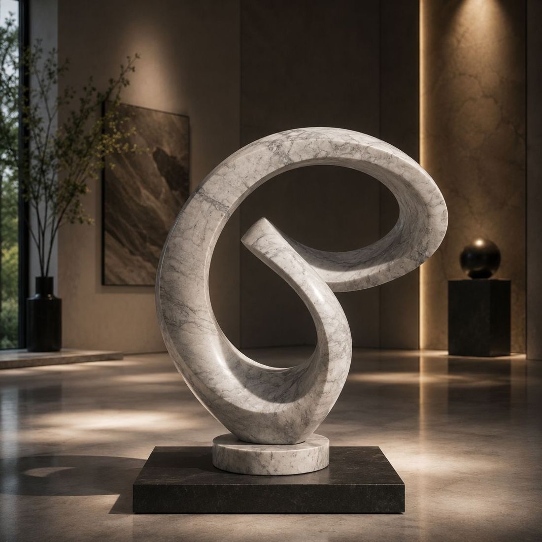 Hand-carved marble loop sculpture on a black stone base, made by Avtikes artisans in Udaipur