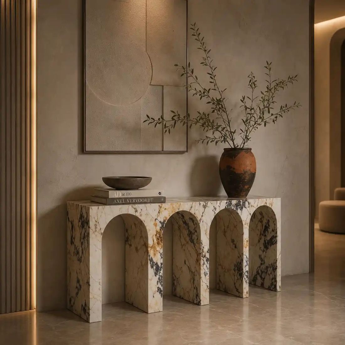Arched marble console table with natural veining, handcrafted by Avtikes