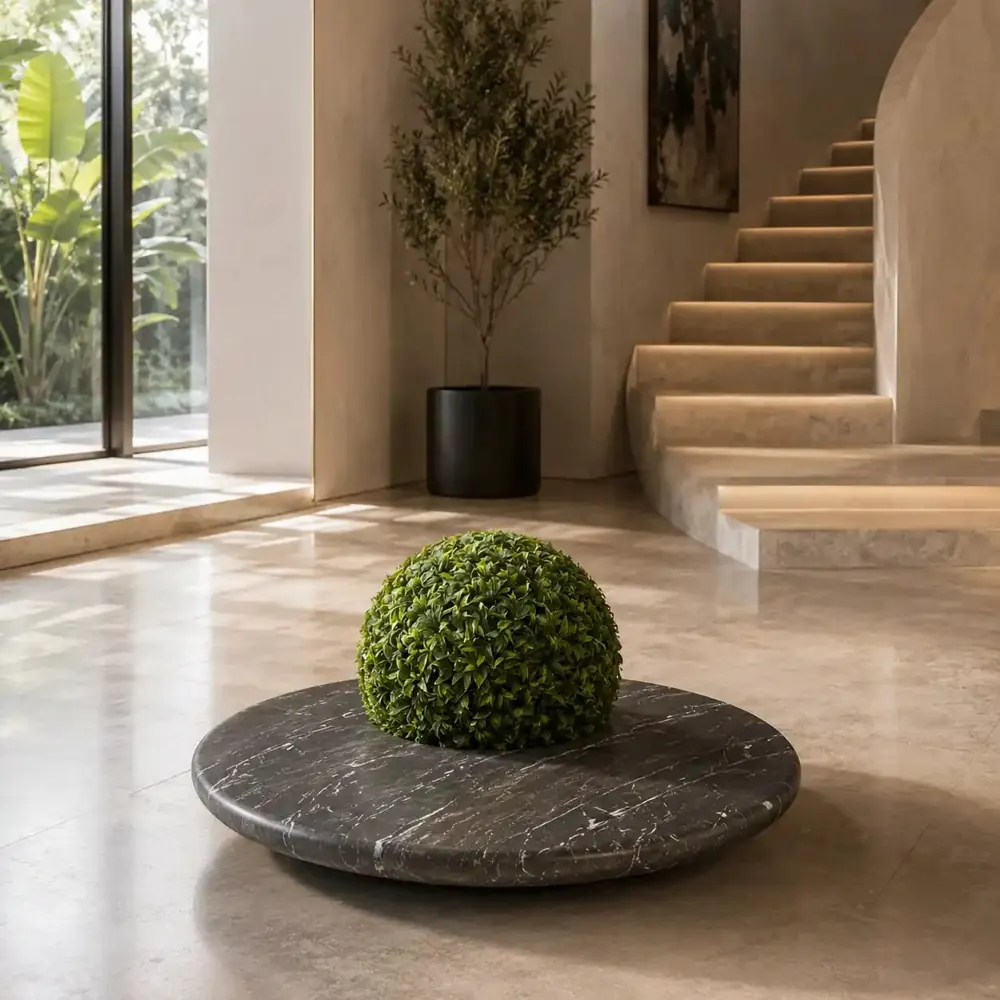 Low round black stone planter holding a clipped boxwood sphere
