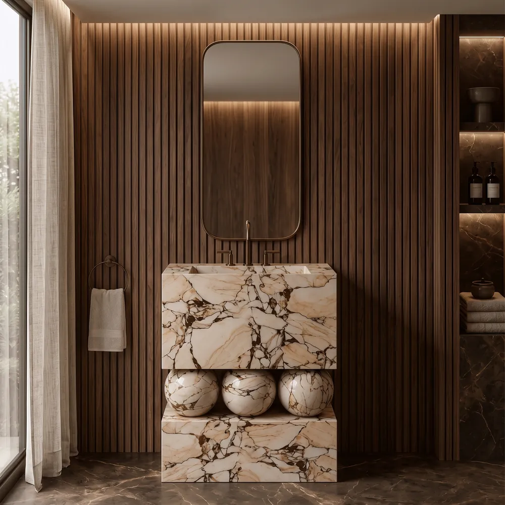 Breccia marble vanity with sculpted stone spheres, an Avtikes design concept