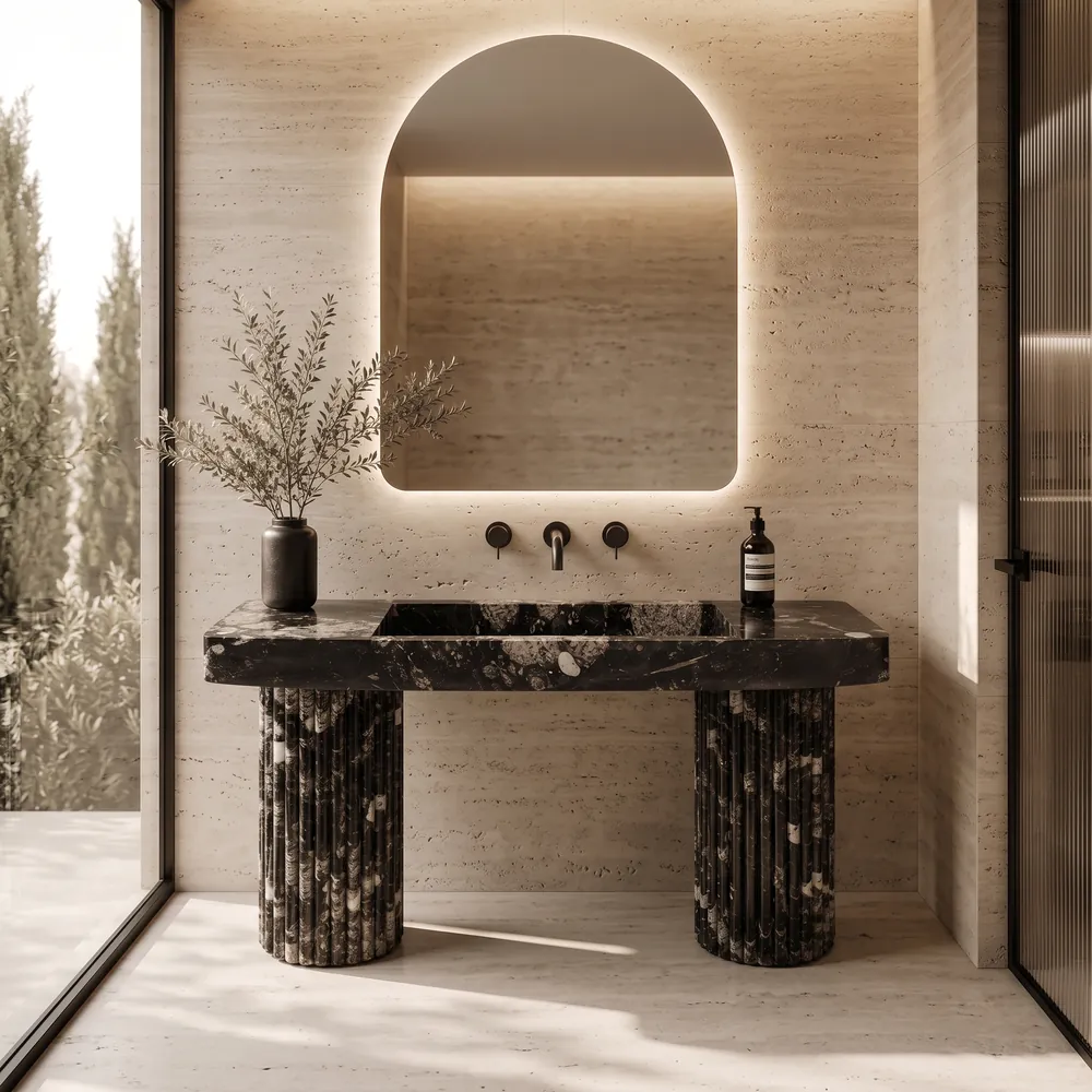 Brecciated black marble console washbasin on fluted columns, an Avtikes design concept