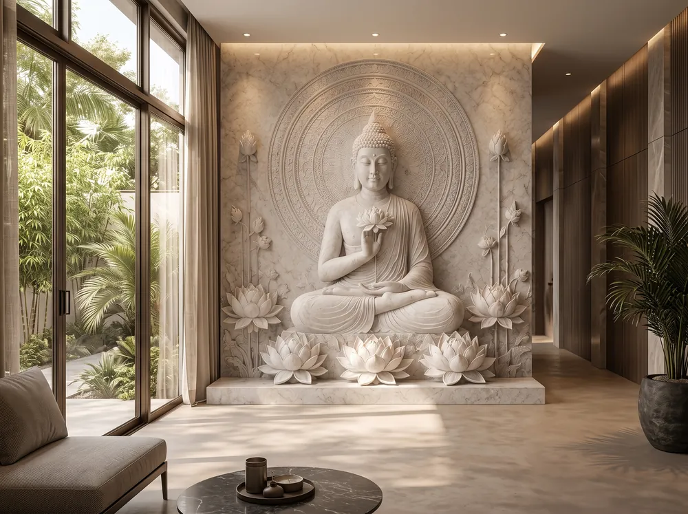 Carved Buddha relief with lotus flowers, an Avtikes design concept