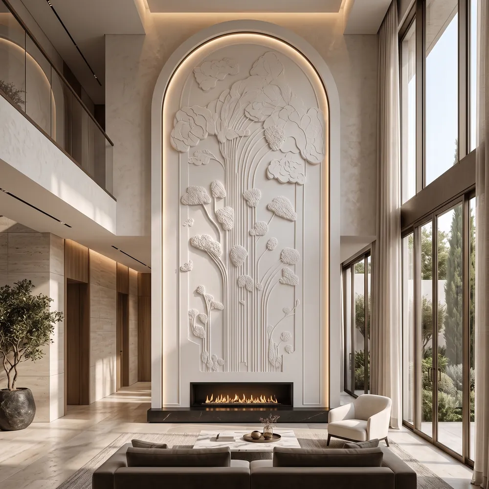 Carved floral relief wall panel above a fireplace, an Avtikes design concept