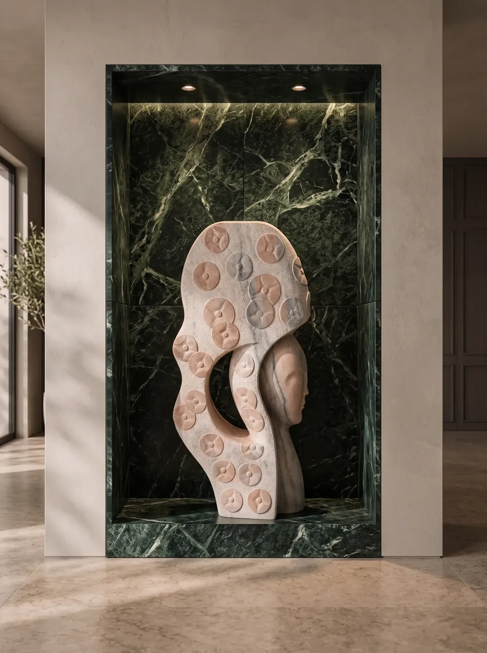 Carved stone sculpture in a green marble niche