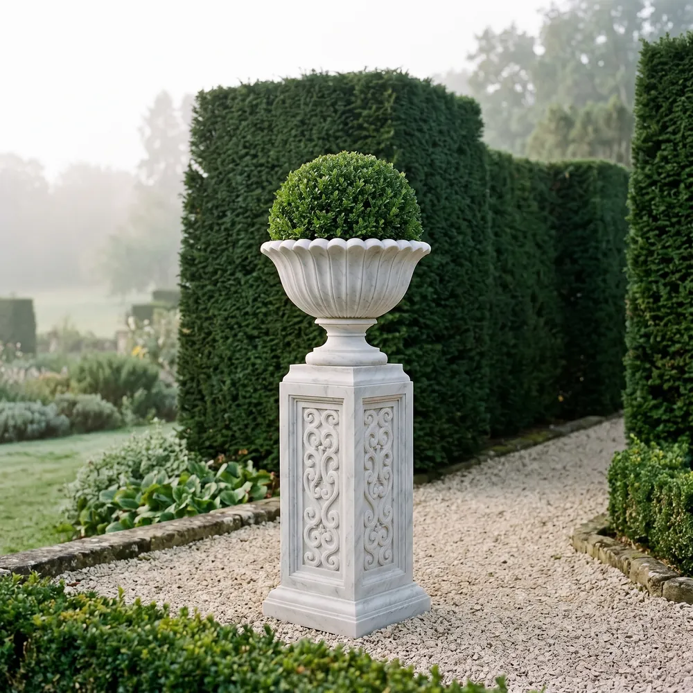 Classical Urn on Pedestal in Indo Carrara Marble, handcrafted by Avtikes