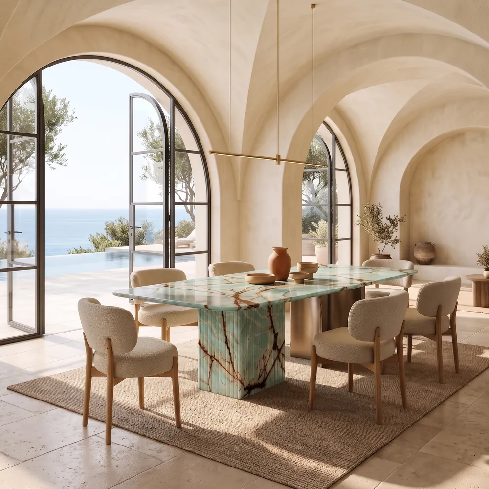 Dining table in Fuchsite quartzite in a vaulted room with arched windows