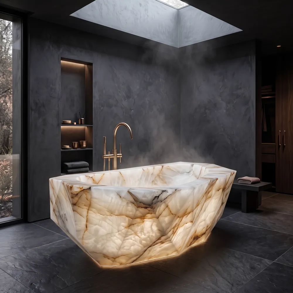 Faceted backlit bathtub in Cristallo quartzite in a dark stone bathroom