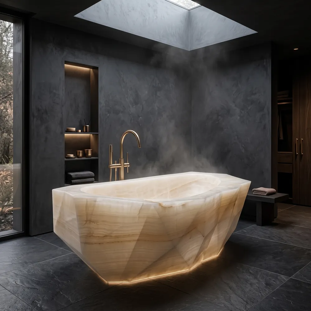 Faceted alabaster and onyx freestanding bathtub, an Avtikes design concept