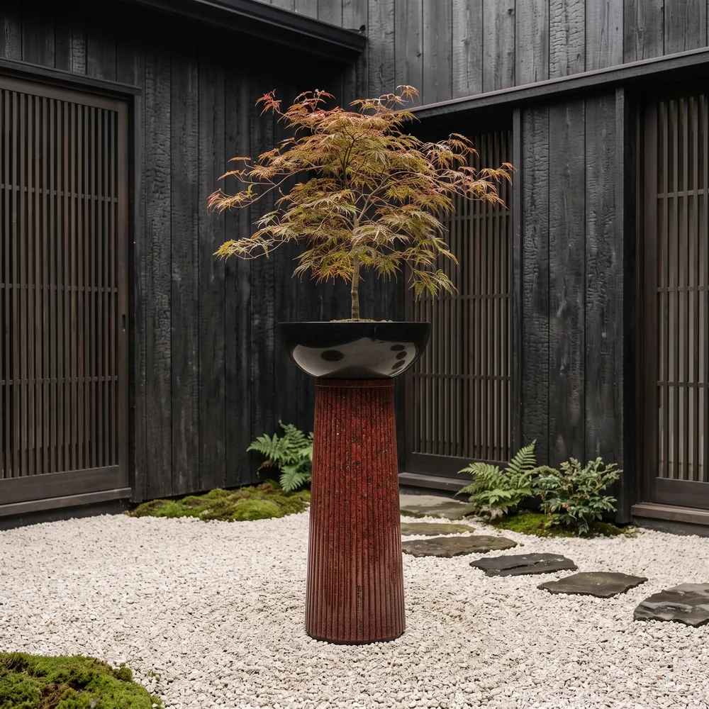 Fluted Pedestal Planter in Imperial Red Granite