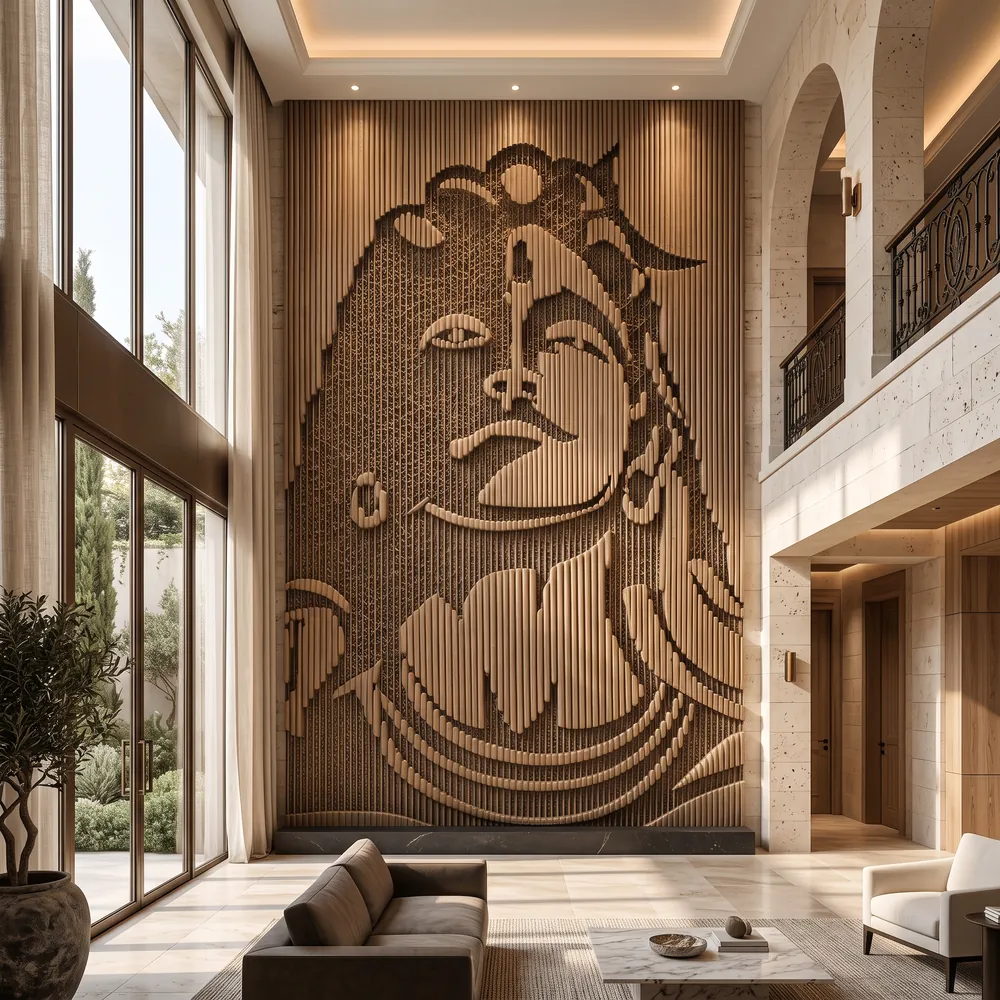 Fluted timber wall panel with a Shiva portrait, an Avtikes design concept