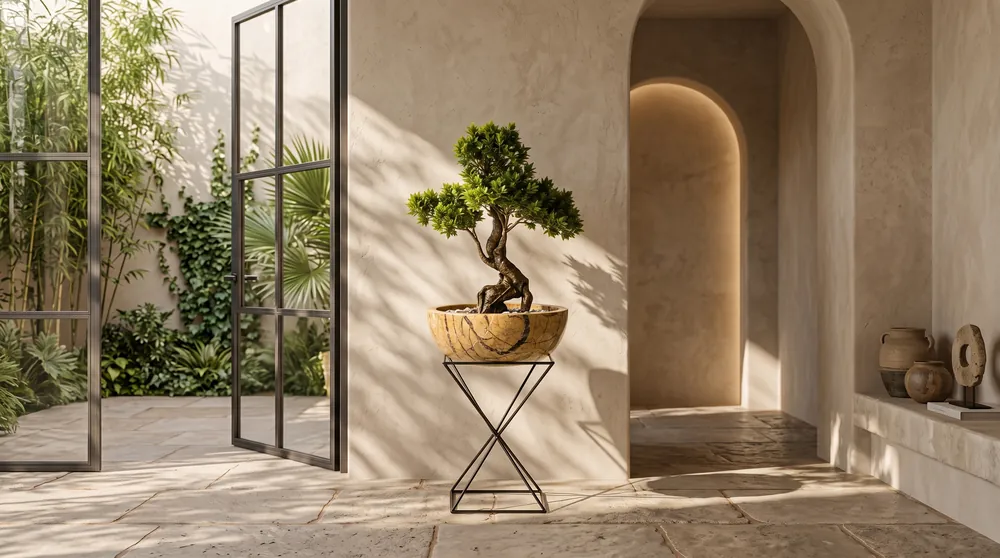 Golden stone bowl planter on a steel stand