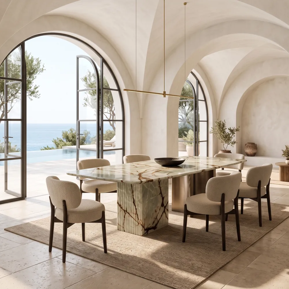 Green onyx dining table in a vaulted room, an Avtikes design concept