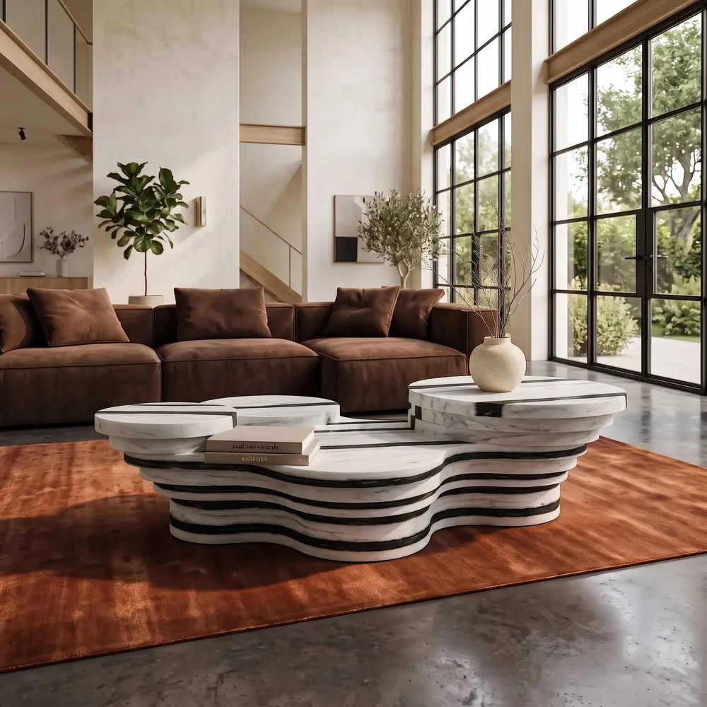Layered Coffee Table in Panda White Marble, handcrafted by Avtikes