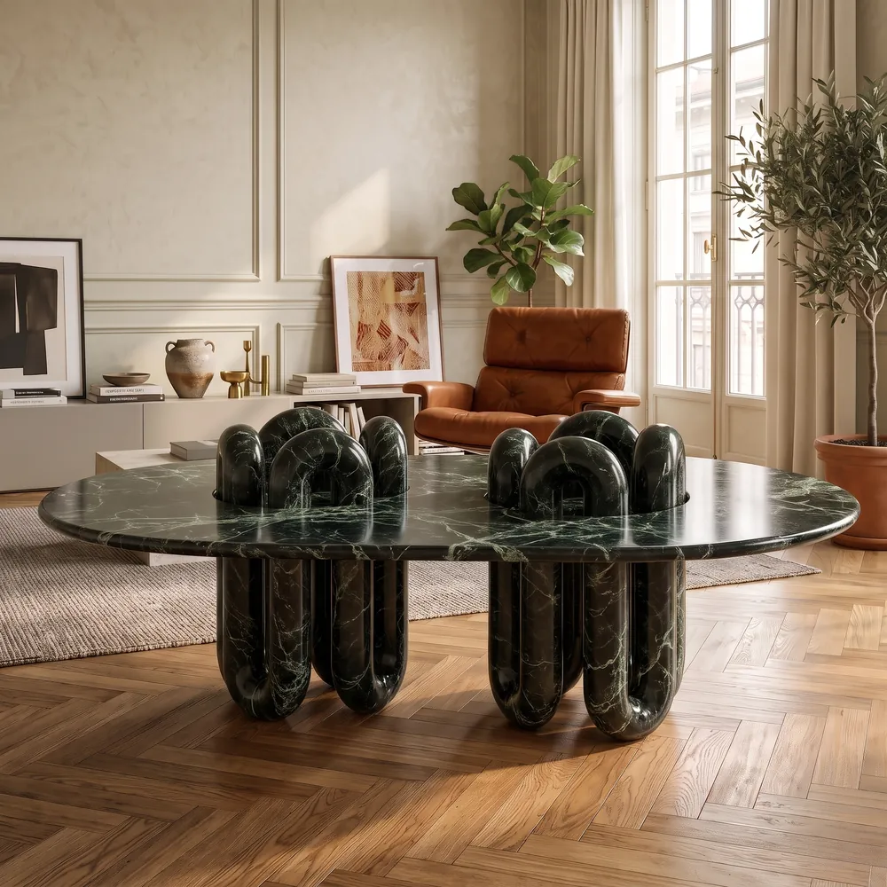 Loop Leg Dining Table in Spider Green Marble, handcrafted by Avtikes