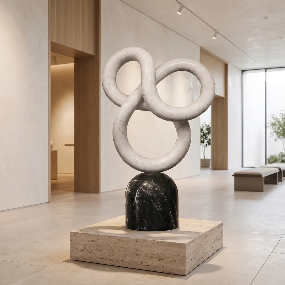 Looped marble sculpture on a black stone base, an Avtikes design concept