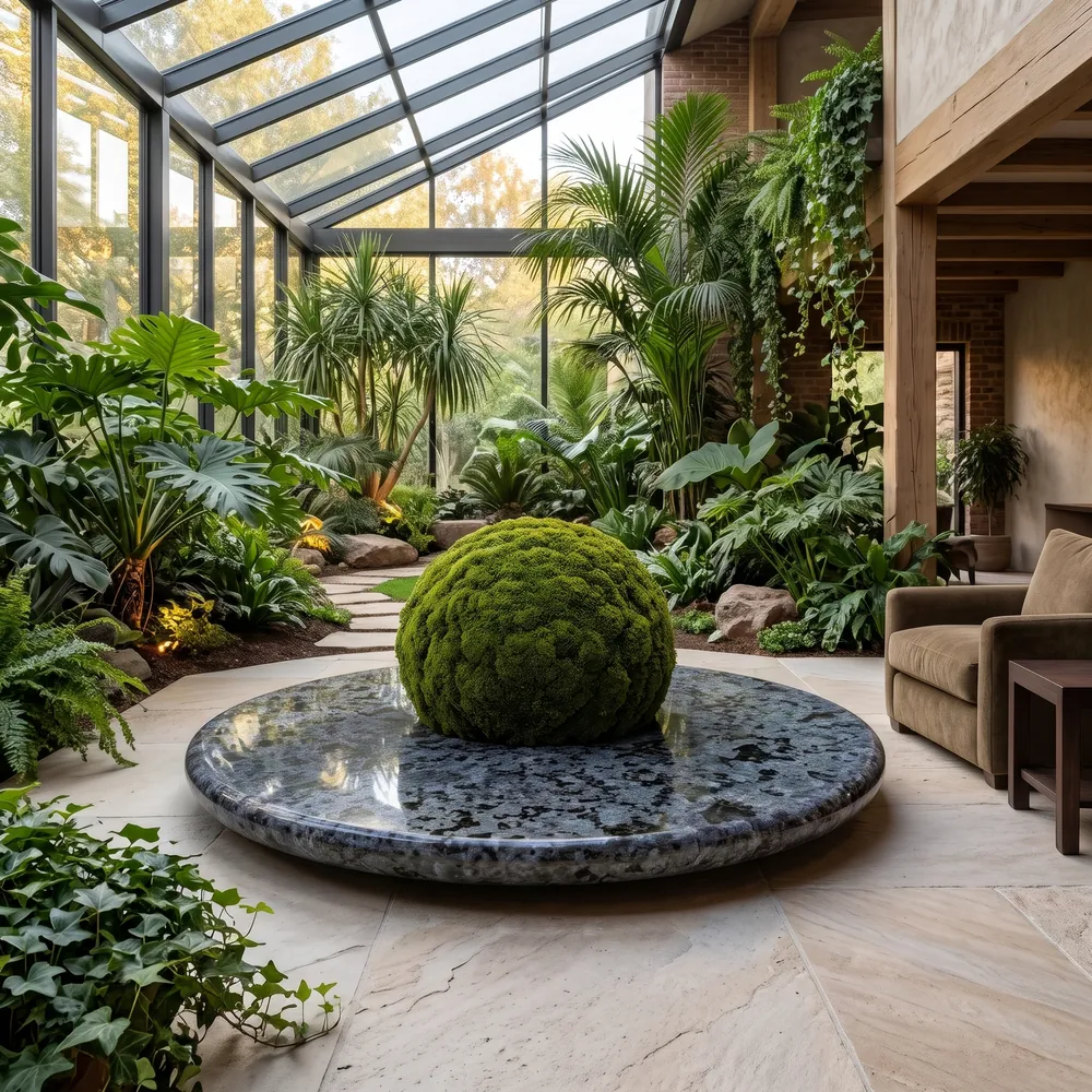 Low disc planter in Vizag Blue granite with a moss ball in a conservatory