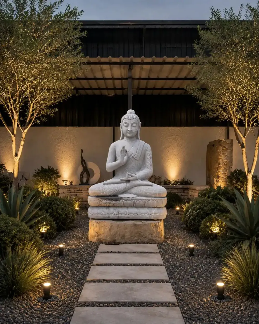 Hand-carved marble Buddha statue on a stone plinth along a lit garden path