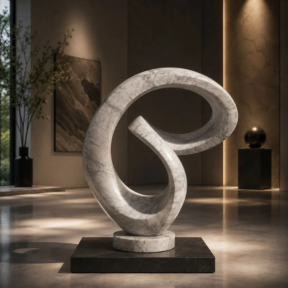 Hand-carved marble loop sculpture on a black stone base in a softly lit interior