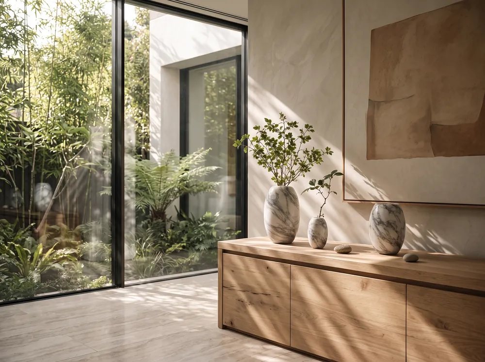 Marble vases on a timber console