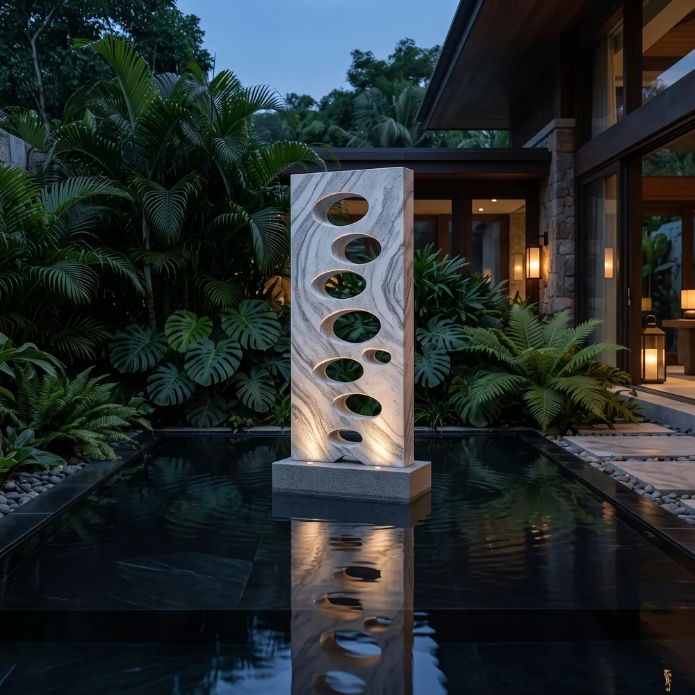 Pierced monolith sculpture in Viscount White granite beside a night-lit pool