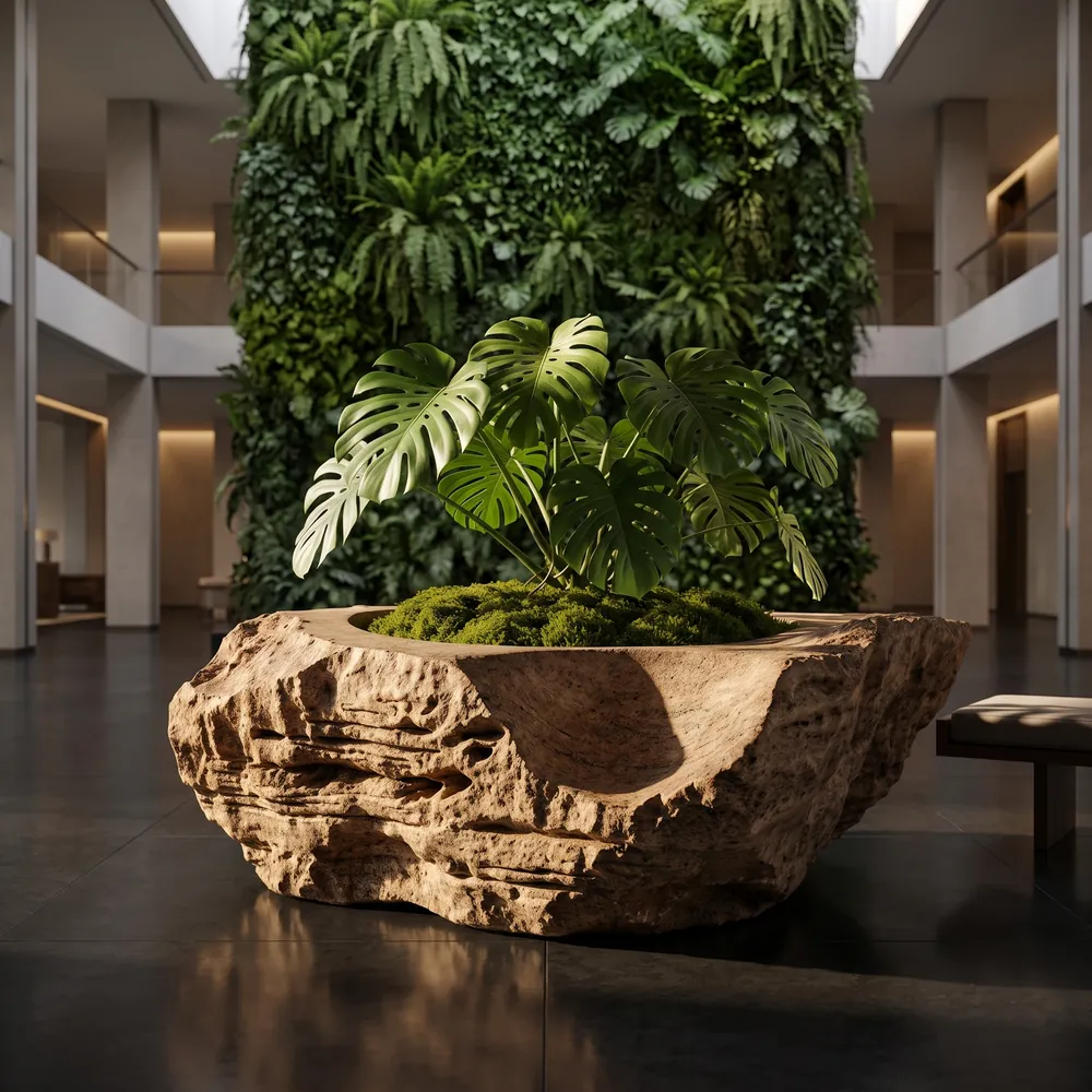 Raw boulder planter in Desert Brown granite with a monstera plant in a lobby