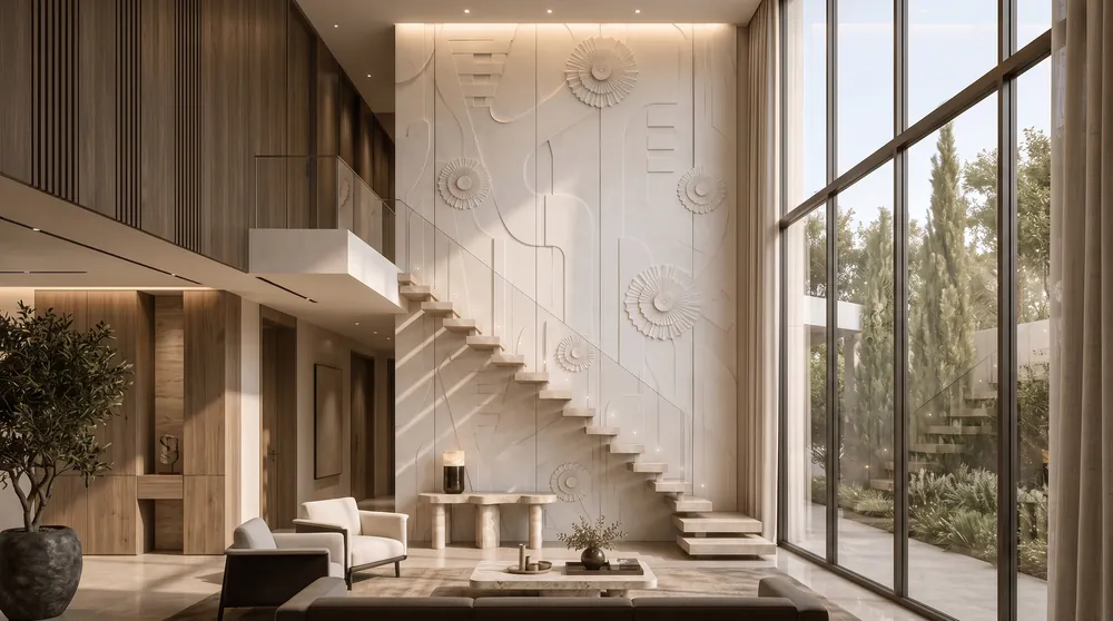 Sculpted relief feature wall beside a staircase, an Avtikes design concept