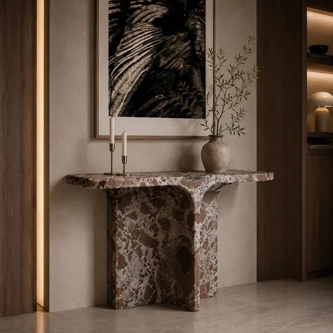 Custom breccia marble console table handcrafted by Avtikes