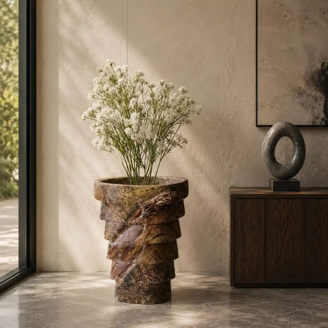 Spiral-carved solid stone planter handcrafted by Avtikes