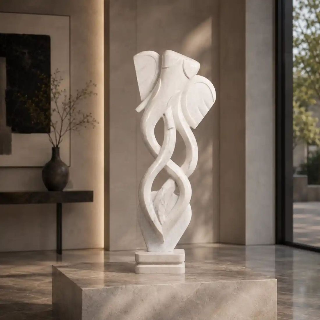 Sculptural white marble statement piece carved by Avtikes artisans