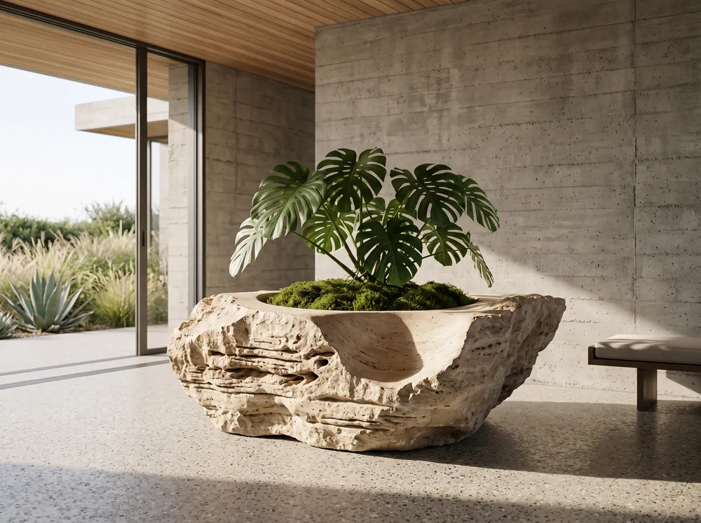Raw-edged travertine boulder planter with monstera, an Avtikes design concept
