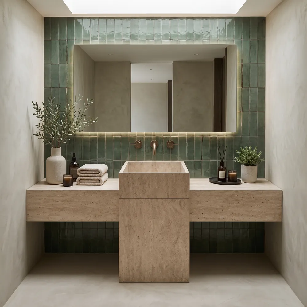 Travertine pedestal washbasin with counter wings, an Avtikes design concept