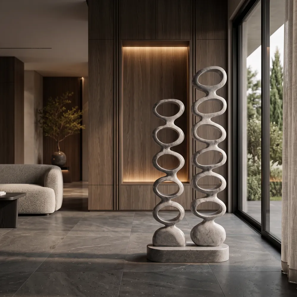 Twin stacked-ring marble sculptures