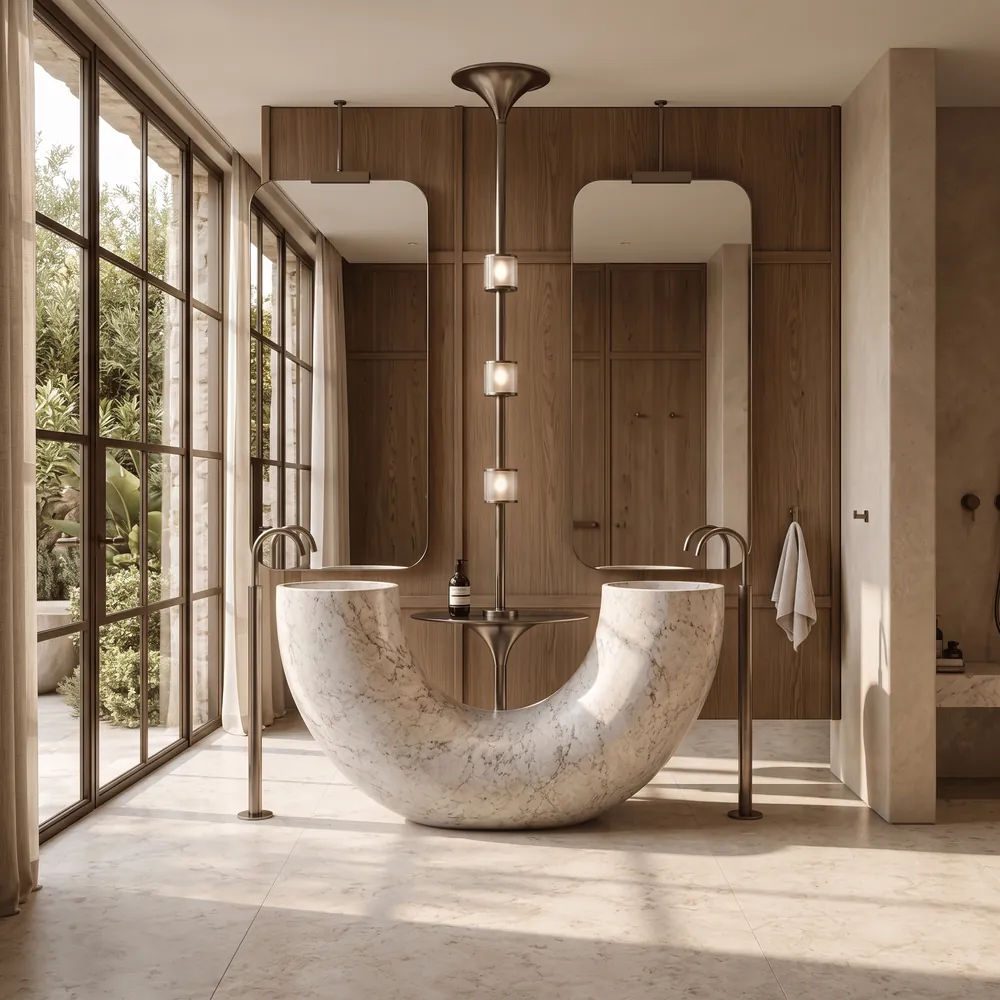 Monolithic U-shaped double marble washbasin, an Avtikes design concept