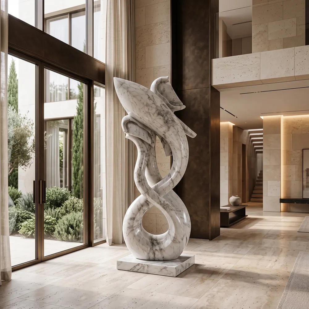White marble ribbon sculpture in a sunlit atrium, a hand-carved Avtikes design concept